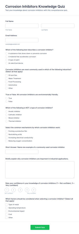 Corrosion Inhibitors Knowledge Quiz Form Template