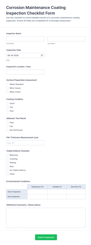 Corrosion Maintenance Coating Inspection Checklist Form Template