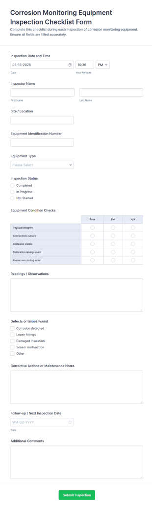 Corrosion Monitoring Equipment Inspection Checklist Form Template