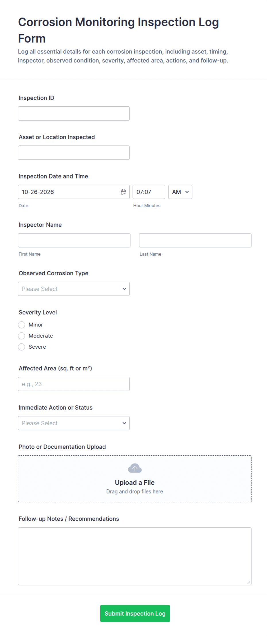 Corrosion Monitoring Inspection Log Form Template | Jotform