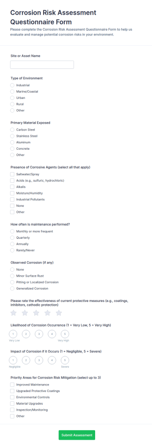 Corrosion Risk Assessment Questionnaire Form Template