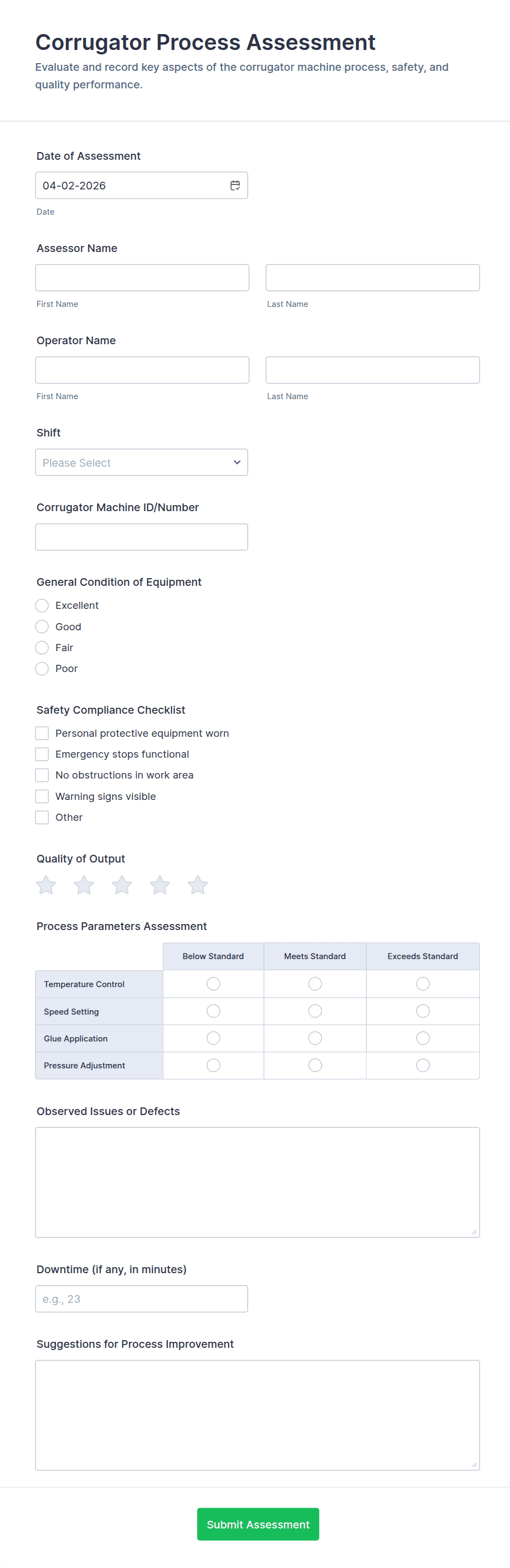 Corrugator Process Assessment Form Template | Jotform