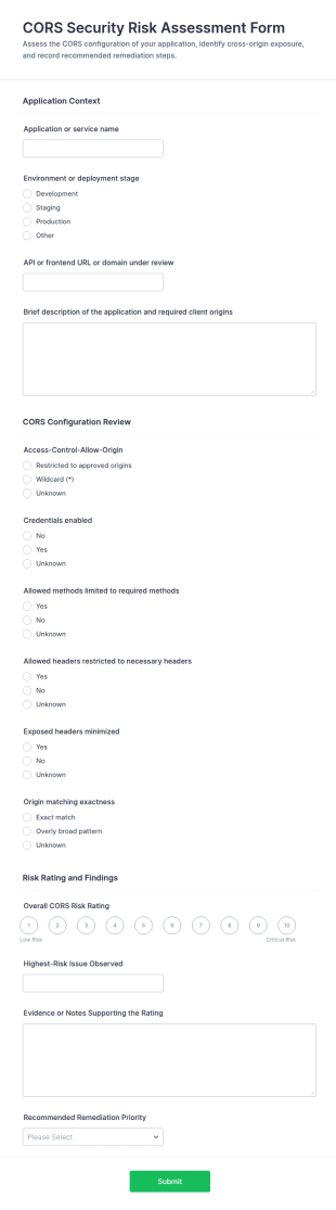 CORS Security Risk Assessment Form Template
