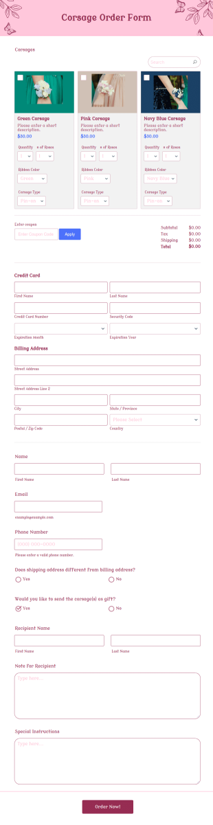 Corsage Order Form Template