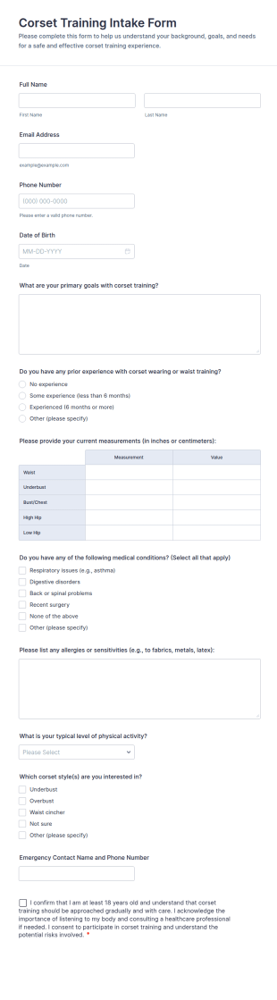 Corset Training Intake Form Template