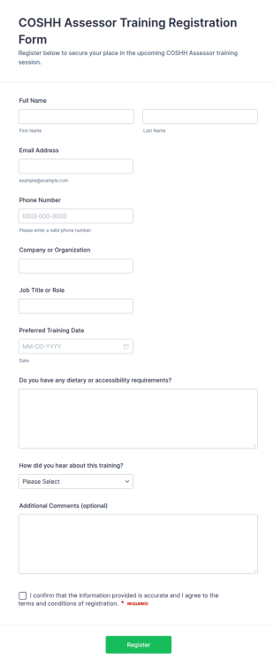 COSHH Assessor Training Registration Form Template
