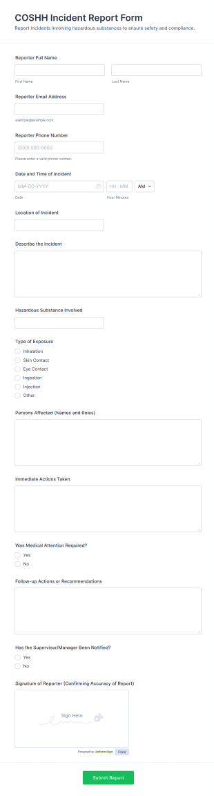 COSHH Incident Report Form Template