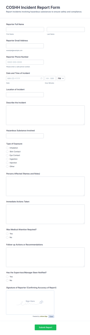 COSHH Incident Report Form Template