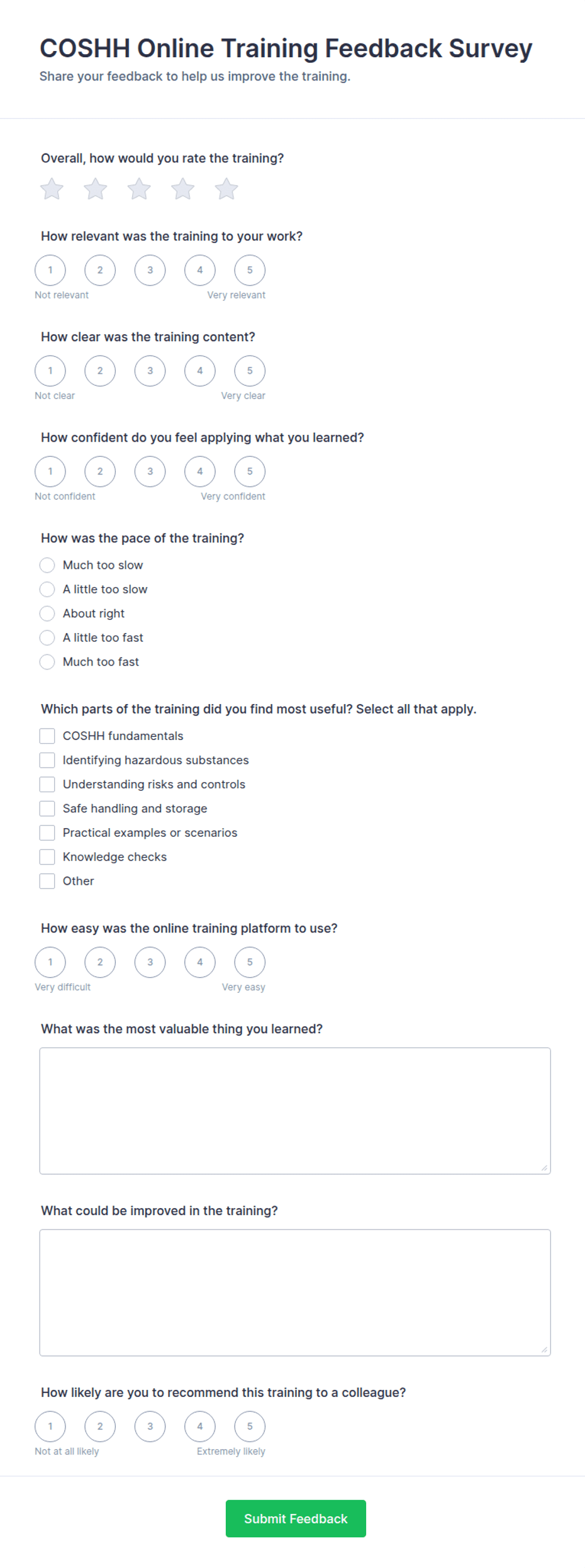 COSHH Online Training Feedback Survey Form Template | Jotform