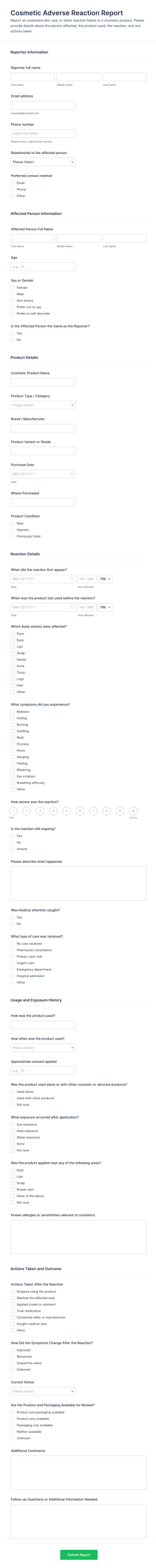 Cosmetic Adverse Reaction Report Form Template