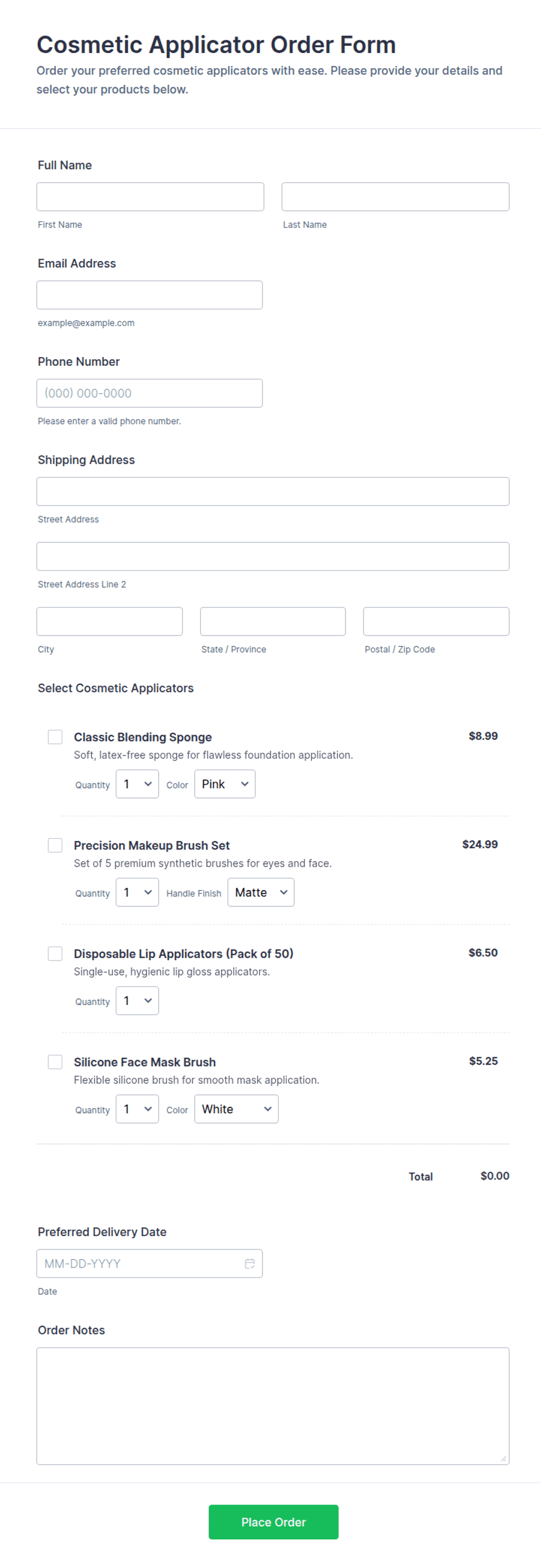 Cosmetic Applicator Order Form Template | Jotform