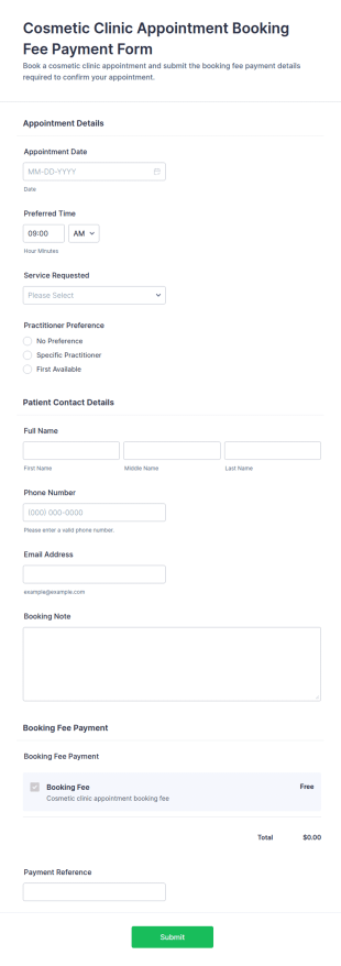 Cosmetic Clinic Appointment Booking Fee Payment Form Template