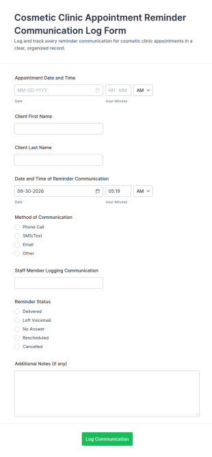 Cosmetic Clinic Appointment Reminder Communication Log Form Template