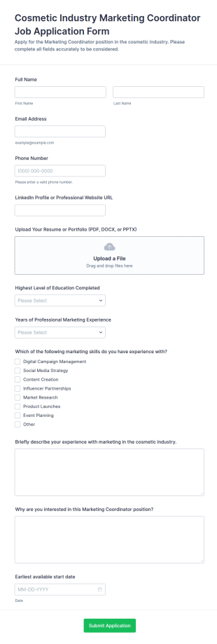 Cosmetic Industry Marketing Coordinator Job Application Form Template
