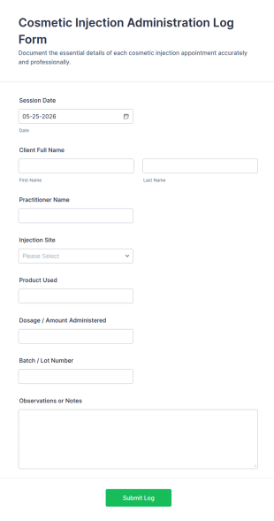 Cosmetic Injection Administration Log Form Template