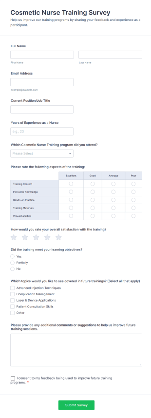 Cosmetic Nurse Training Survey Form Template