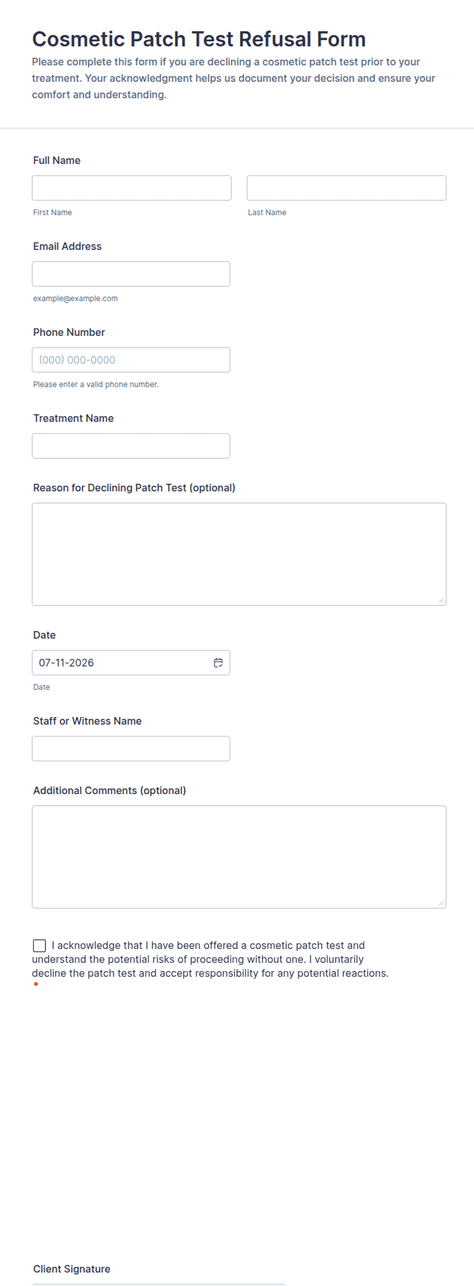 Cosmetic Patch Test Refusal Form Template | Jotform