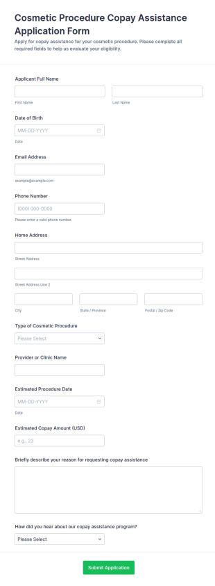 Cosmetic Procedure Copay Assistance Application Form Template