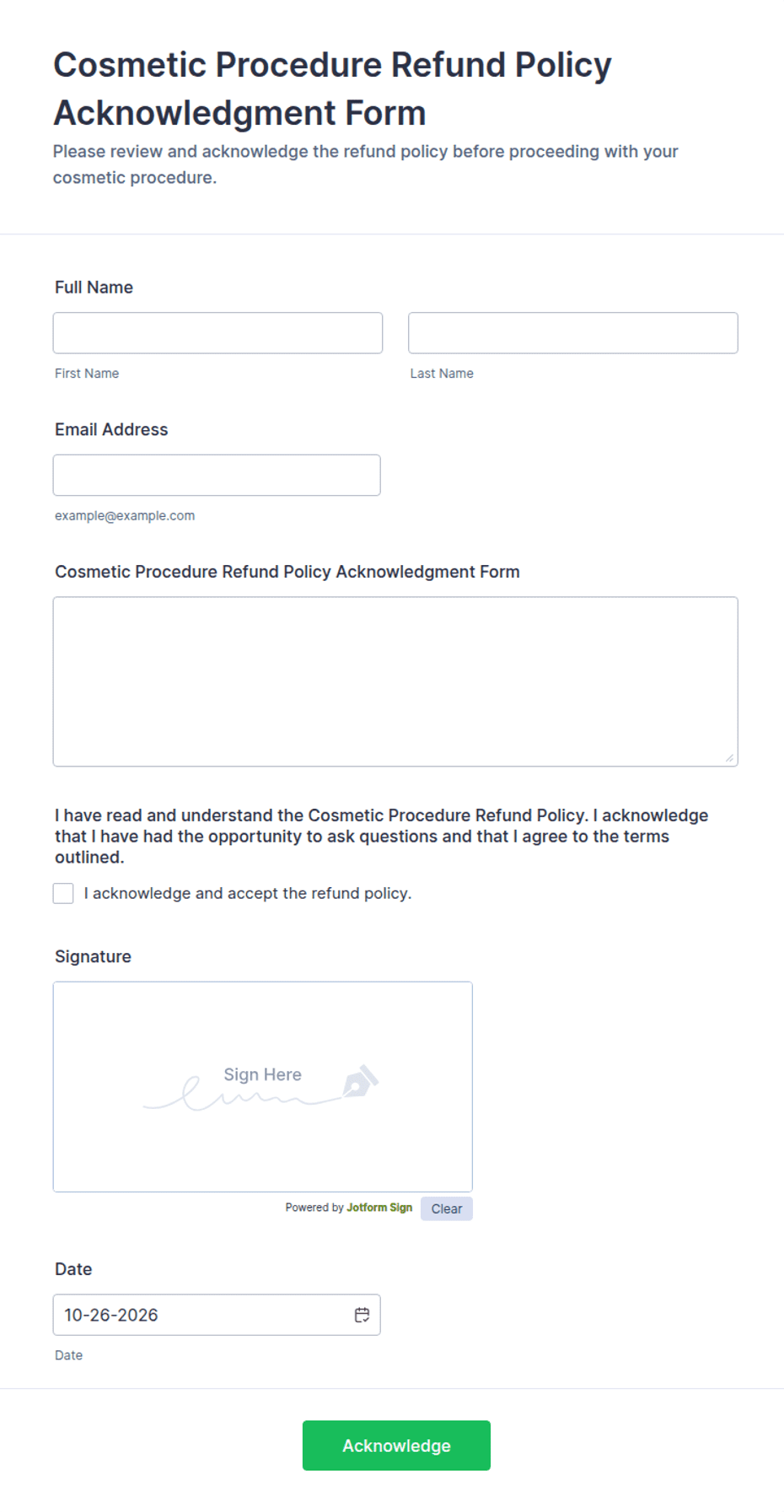 Cosmetic Procedure Refund Policy Acknowledgment Form Template | Jotform