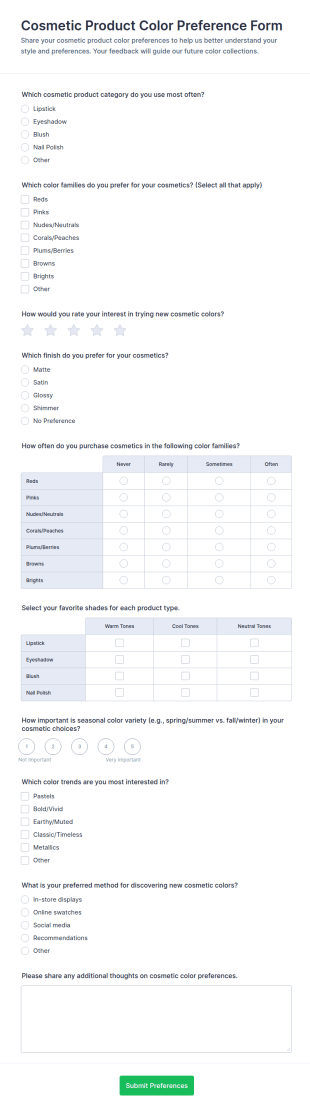 Cosmetic Product Color Preference Survey Form Template