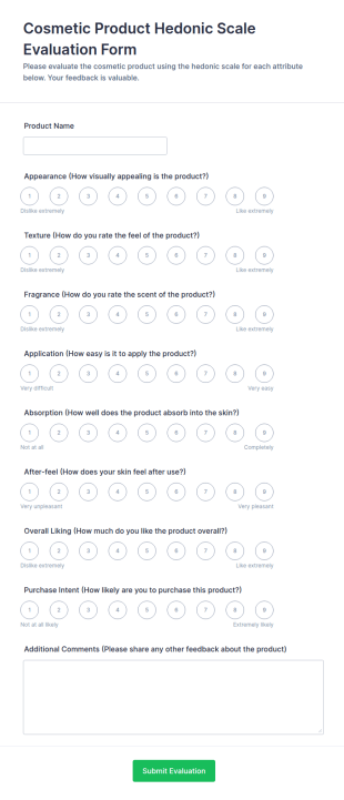 Cosmetic Product Hedonic Scale Evaluation Form Template
