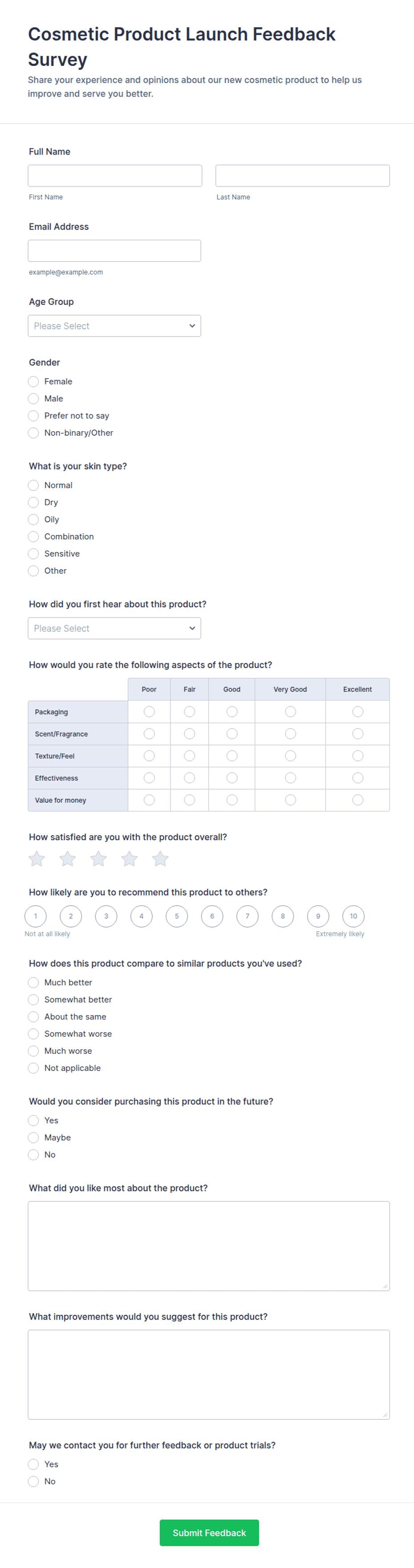 Cosmetic Product Launch Feedback Survey Form Template | Jotform
