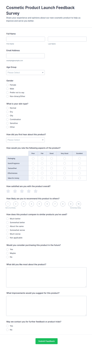 Cosmetic Product Launch Feedback Survey Form Template