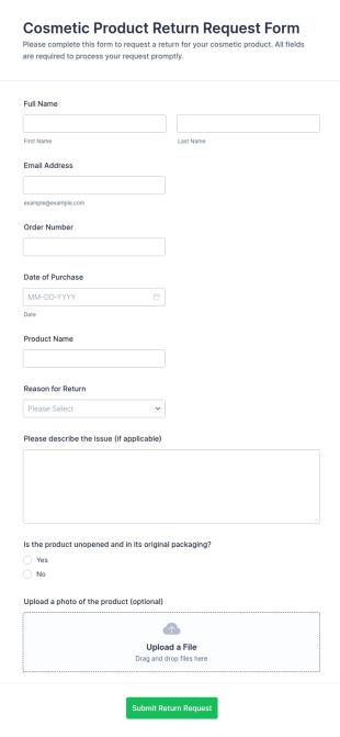 Cosmetic Product Return Request Form Template