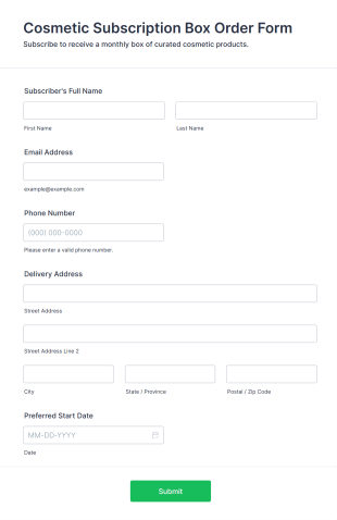 Cosmetic Subscription Box Order Form Template