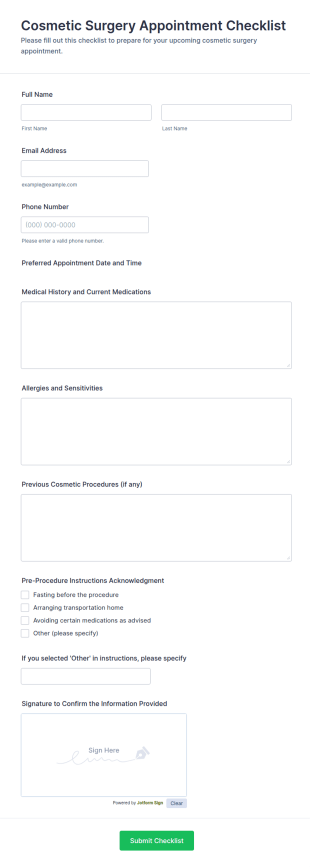 Cosmetic Surgery Appointment Checklist Form Template