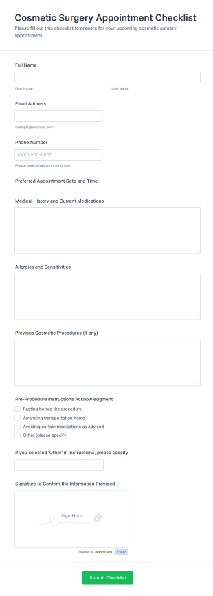 Cosmetic Surgery Appointment Checklist Form Template
