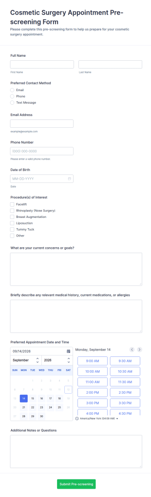 Cosmetic Surgery Appointment Pre Screening Form Template