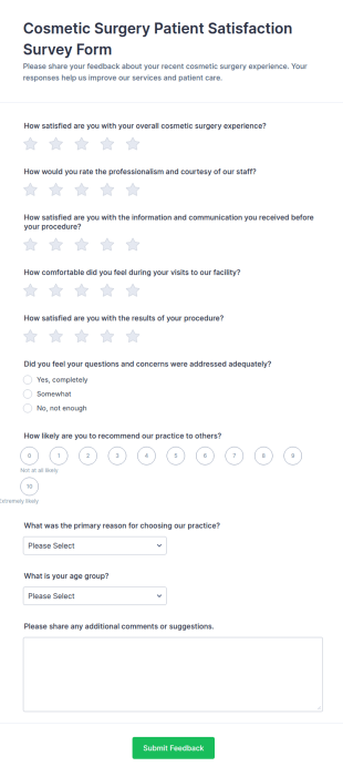 Cosmetic Surgery Patient Satisfaction Survey Form Template