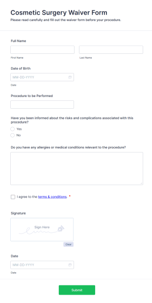 Cosmetic Surgery Waiver Form Form Template