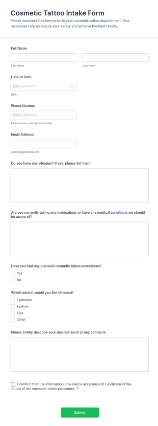 Cosmetic Tattoo Intake Form Template