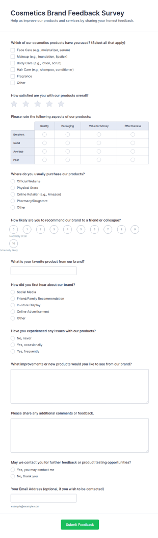 Cosmetics Brand Feedback Survey Form Template