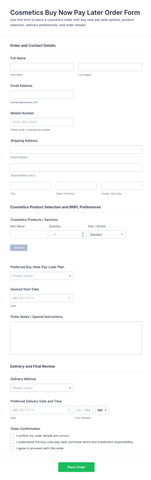 Cosmetics Buy Now Pay Later Order Form Template