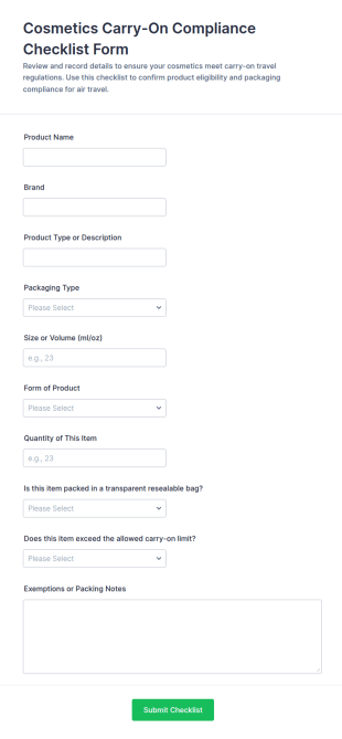 Cosmetics Carry On Compliance Checklist Form Template