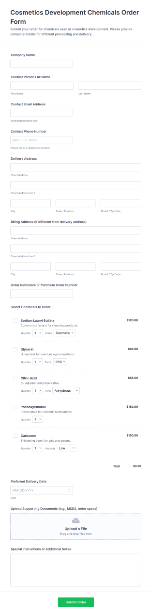 Cosmetics Development Chemicals Order Form Template