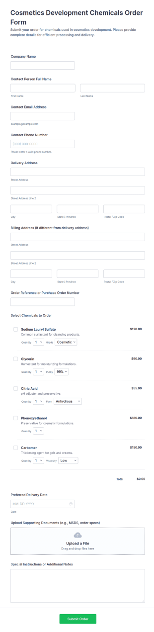 Cosmetics Development Chemicals Order Form Template