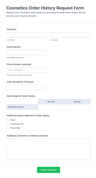 Cosmetics Order History Request Form Template