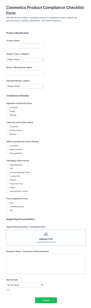 Cosmetics Product Compliance Checklist Form Template