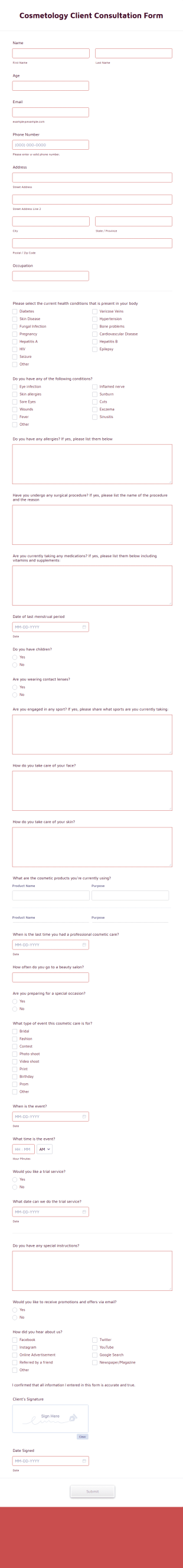 Cosmetology Client Consultation Form Template