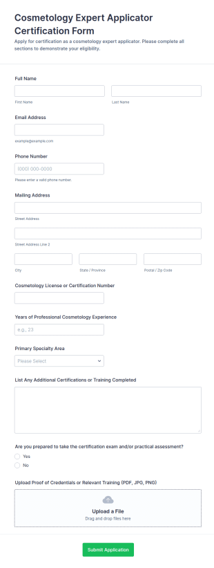 Cosmetology Expert Applicator Certification Form Template