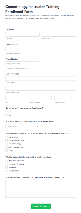 Cosmetology Instructor Training Enrollment Form Template