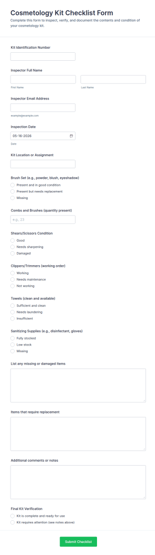 Cosmetology Kit Checklist Form Template