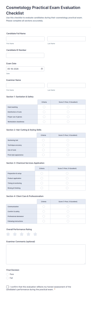 Cosmetology Practical Exam Evaluation Checklist Form Template