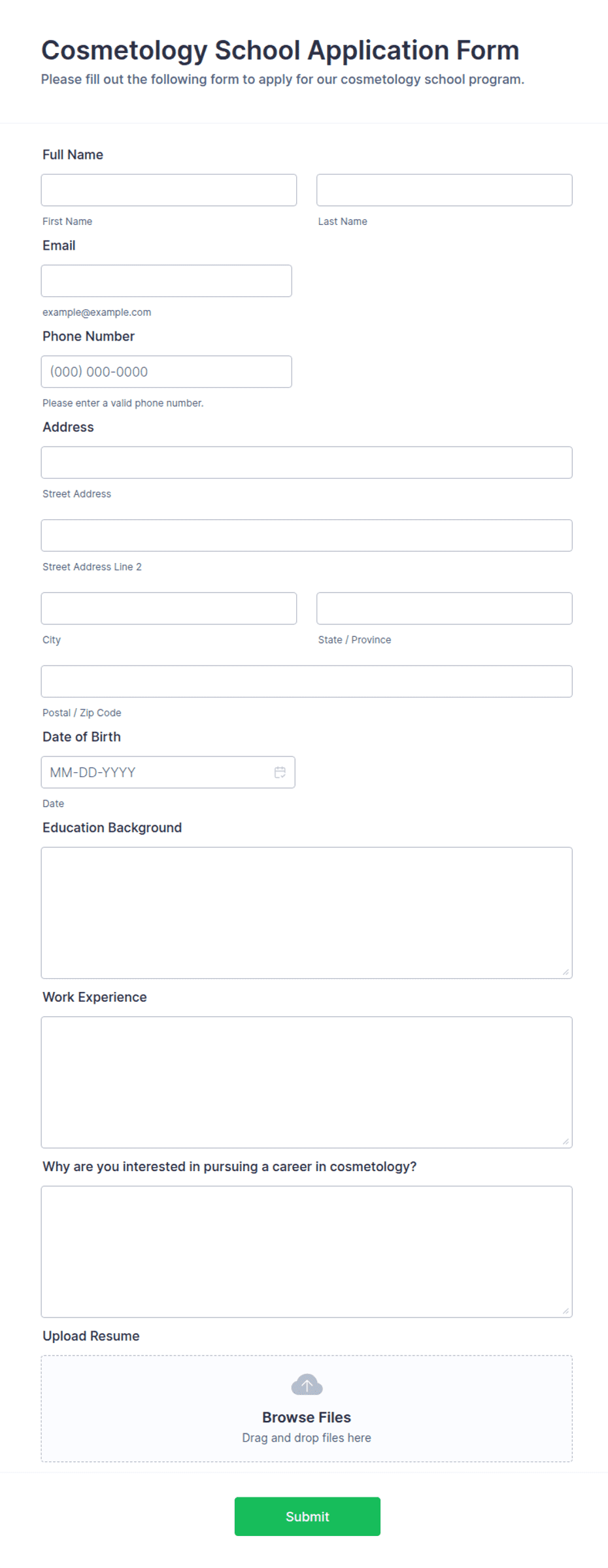 Cosmetology School Application Form Template Jotform