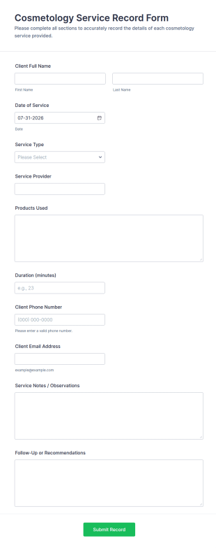 Cosmetology Service Record Form Template