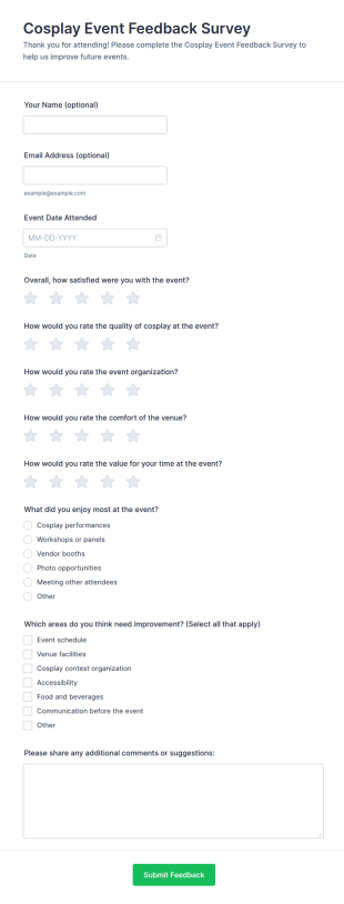 Cosplay Event Feedback Form Template